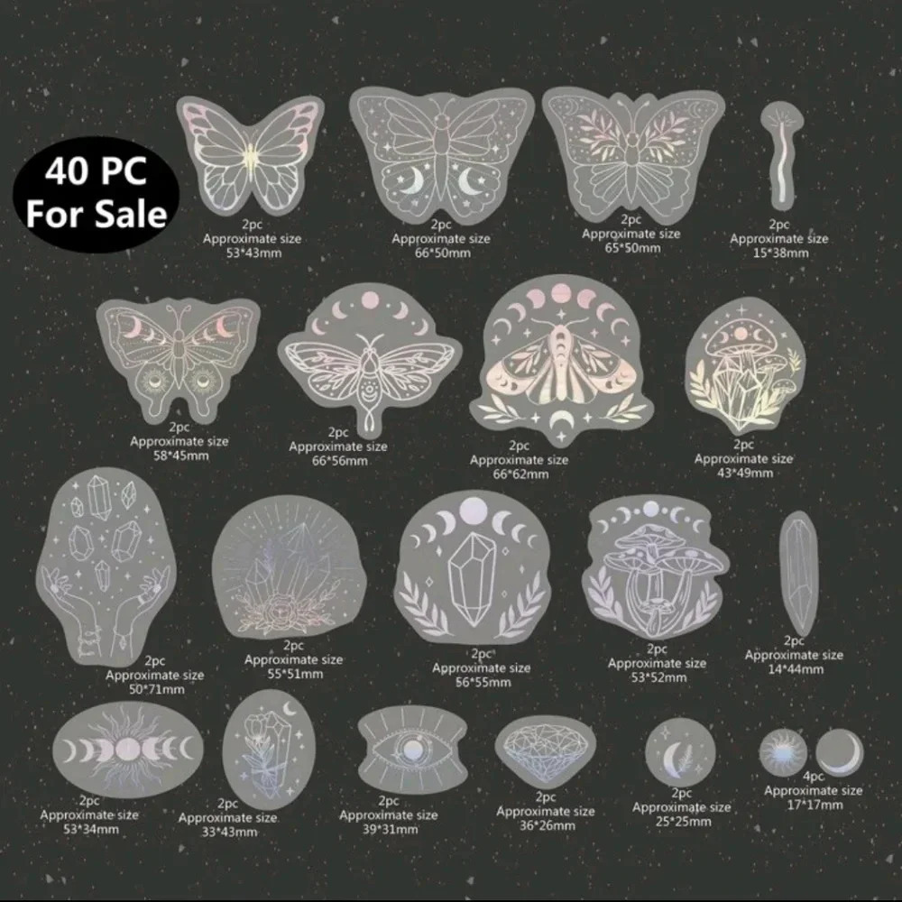 Holo holographic witch butterfly moth crystal silver sparkle vinyl sticker set